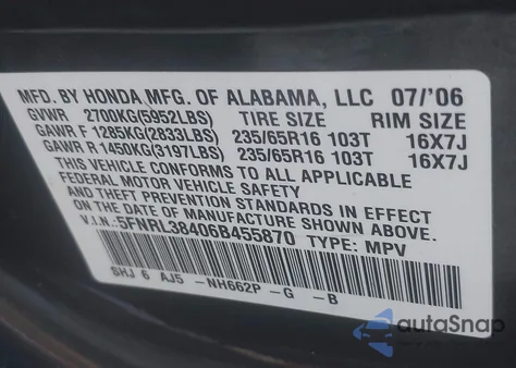 2006 Honda Odyssey Ex z USA, uszkodzony, nr VIN 5FNRL38406B455870